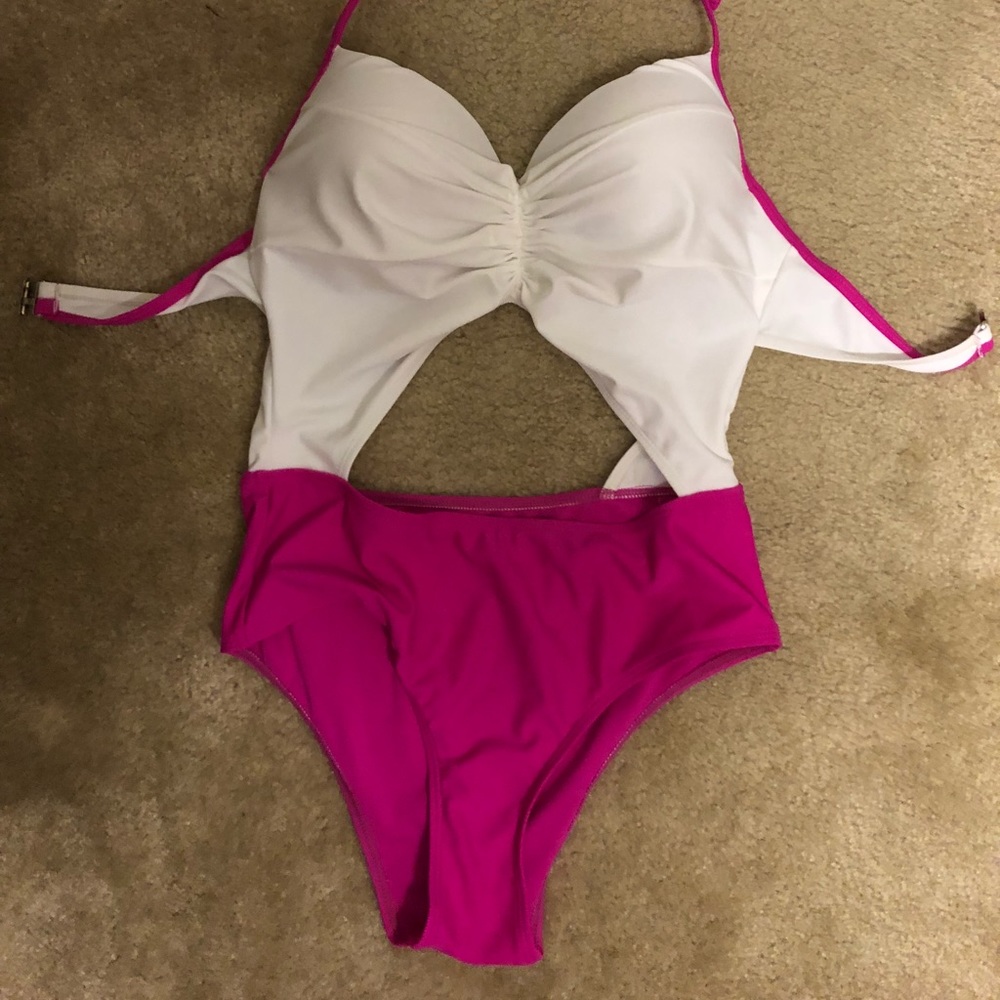 Hot pink and white one piece women’s bathing suit